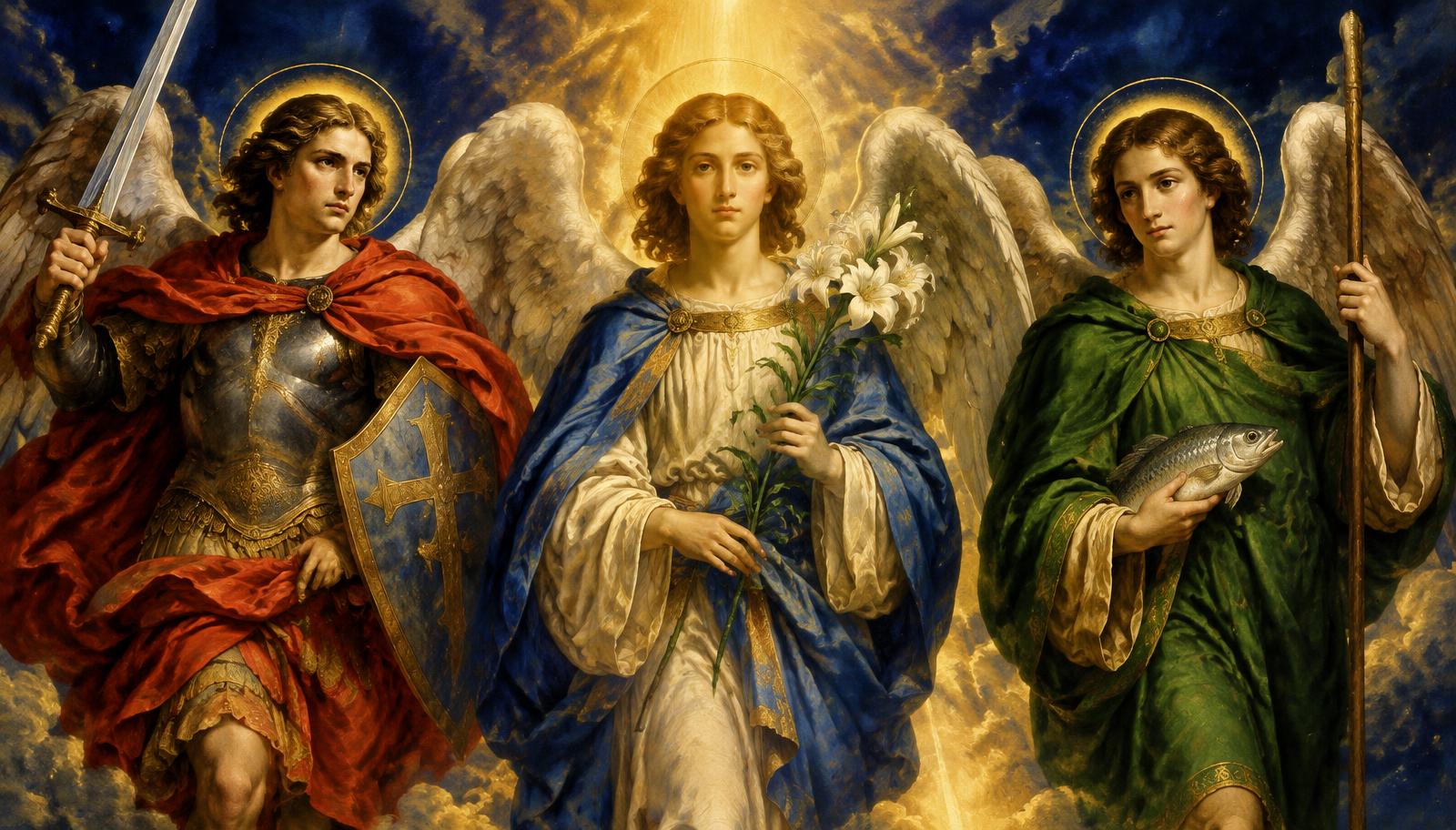 Ilustração dos arcanjos Miguel, Gabriel e Rafael representados com asas e símbolos de sua missão celeste