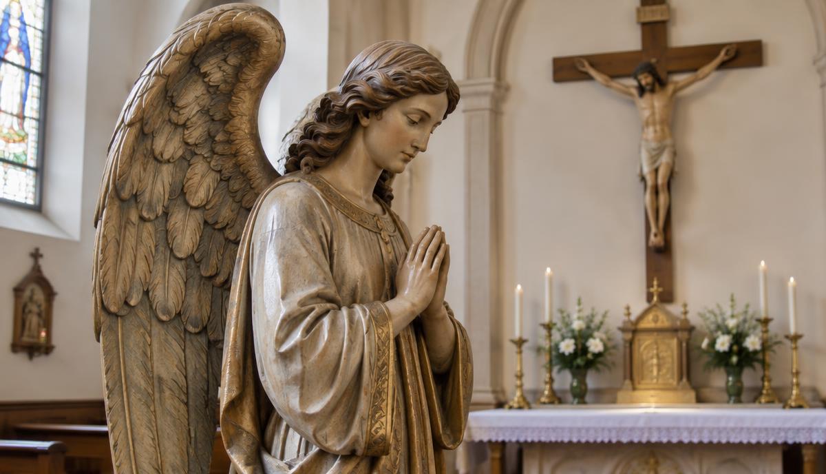 Escultura de anjo em uma capela — ilustração