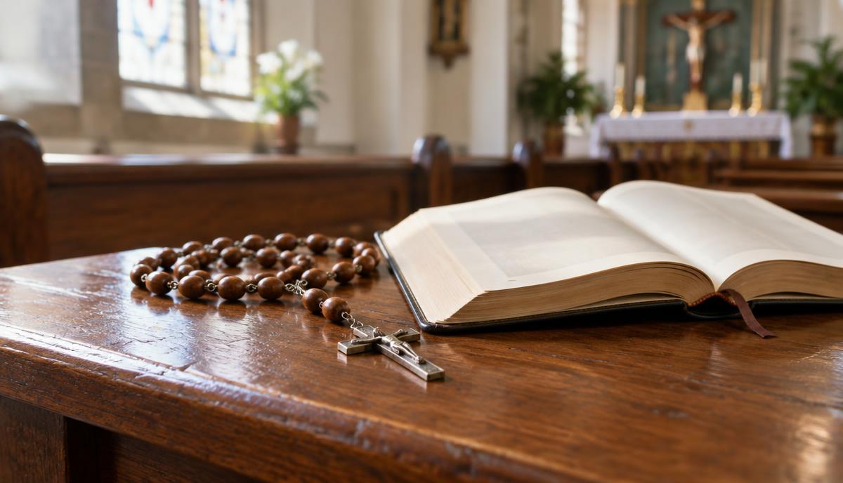 Terço e livro de oração em uma igreja — ilustração