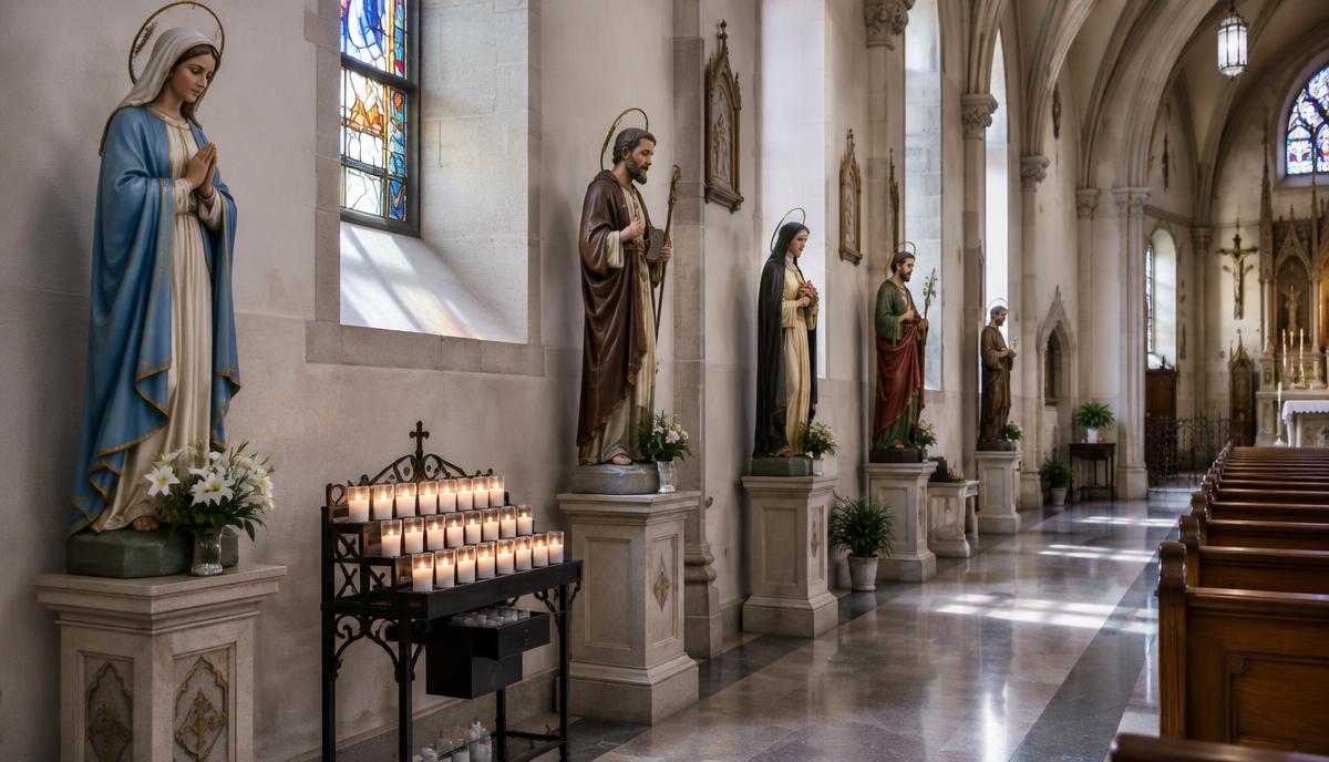 Imagens devocionais em uma igreja — ilustração sobre a vida dos santos