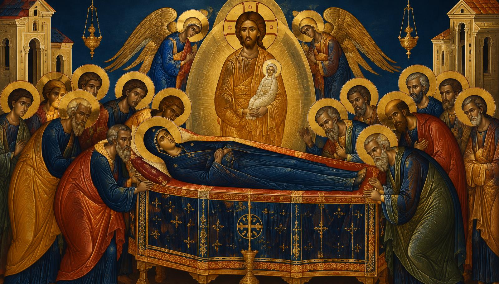 Ícone da Dormição de Nossa Senhora cercada pelos apóstolos, com Cristo recebendo sua alma
