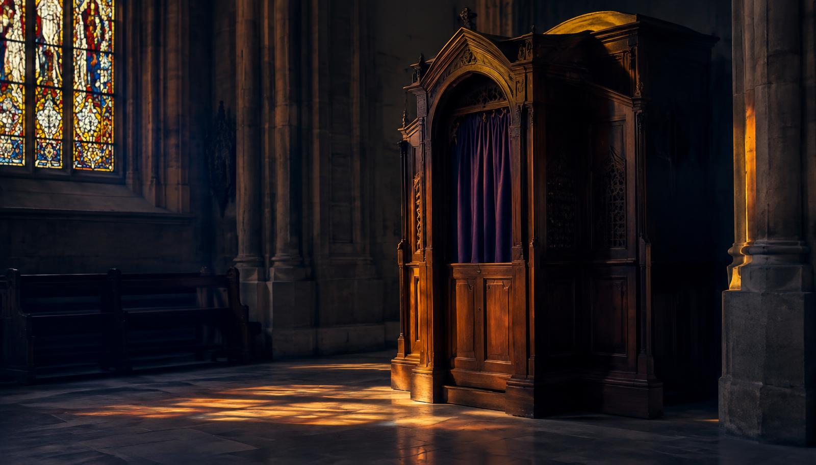Confessionário de madeira em uma igreja antiga iluminado pela luz dourada dos vitrais