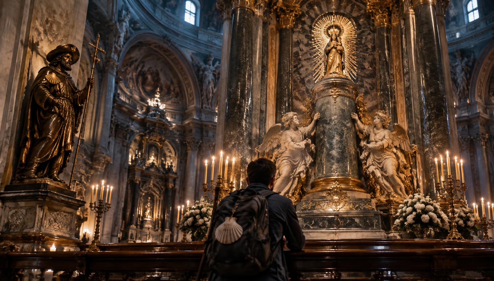 Peregrino rezando diante de Nossa Senhora do Pilar em uma basílica