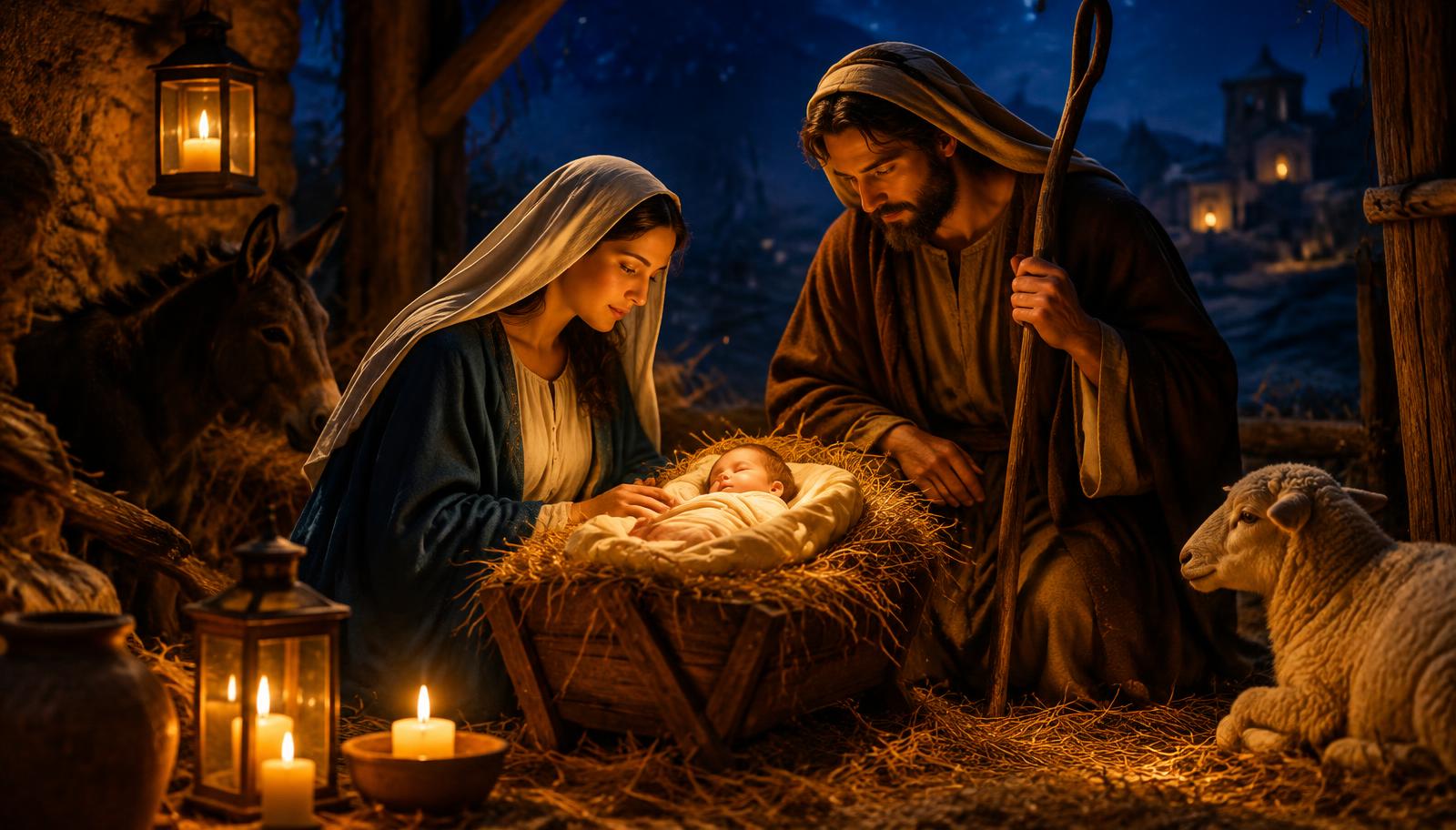 Presépio com o Menino Jesus na manjedoura, Maria e José, iluminado por velas em uma noite azul