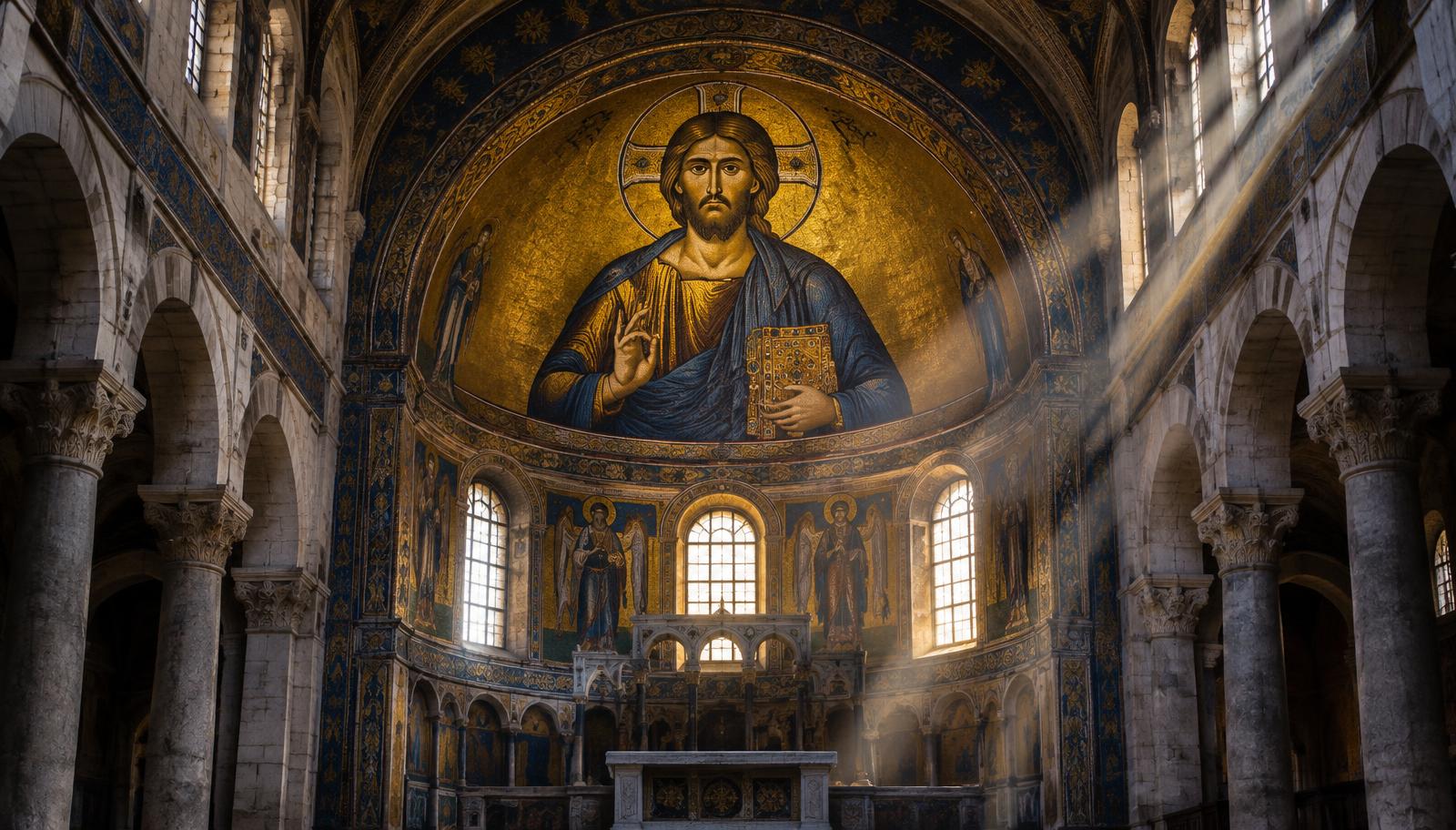 Mosaico dourado de Cristo Pantocrator na abside de uma basílica antiga iluminada por raios de luz