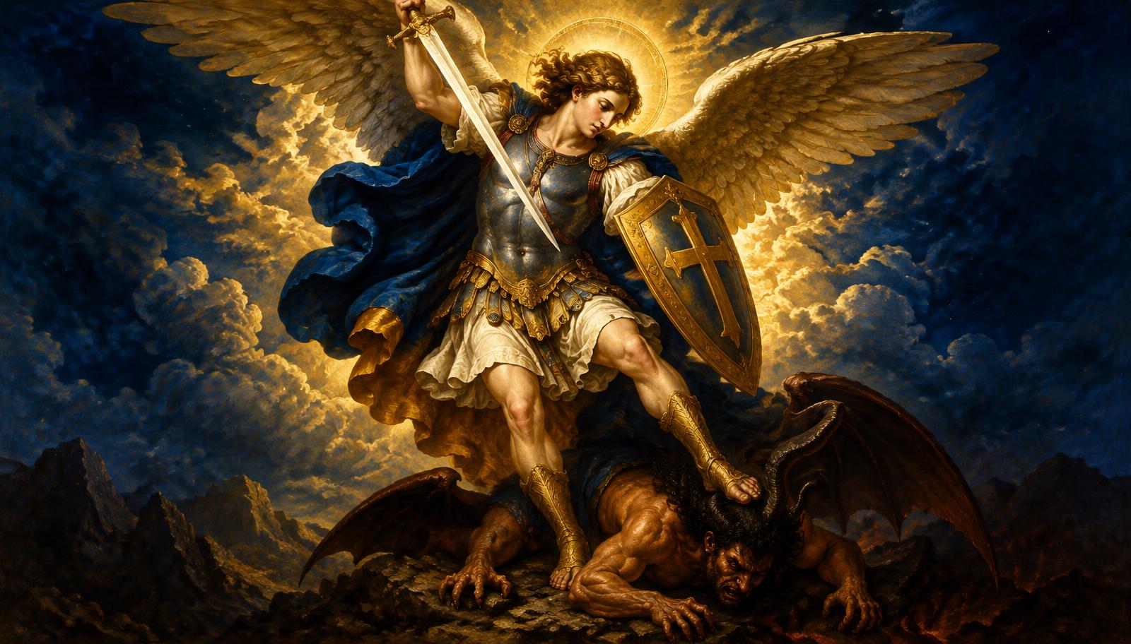 Pintura de São Miguel Arcanjo com espada e escudo vencendo o demônio, sob luz dourada