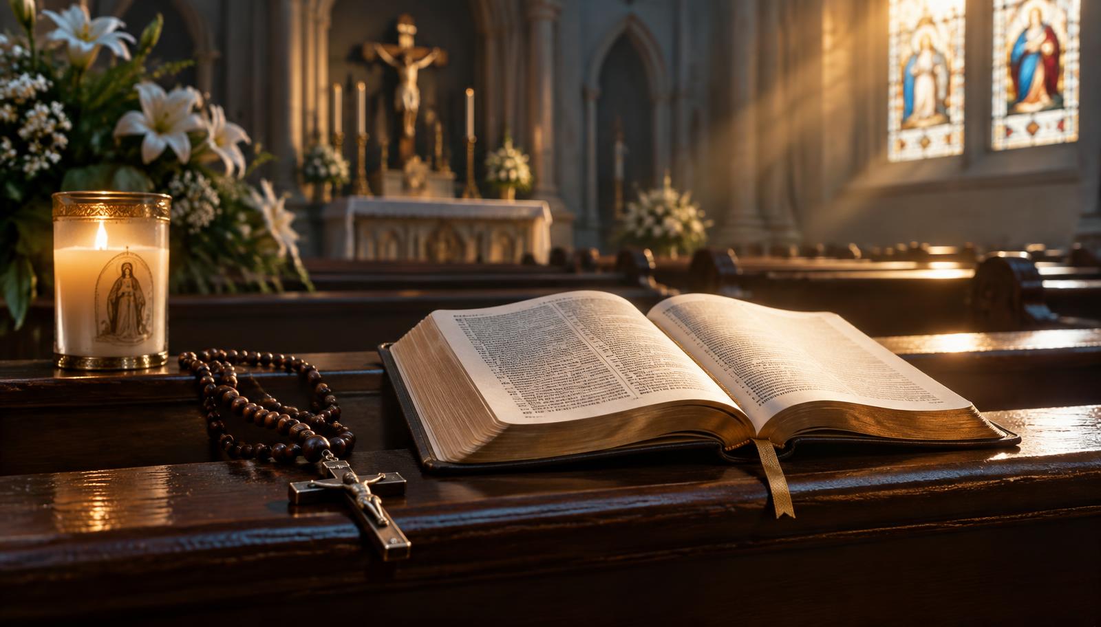 Bíblia aberta, terço e vela acesa em uma igreja