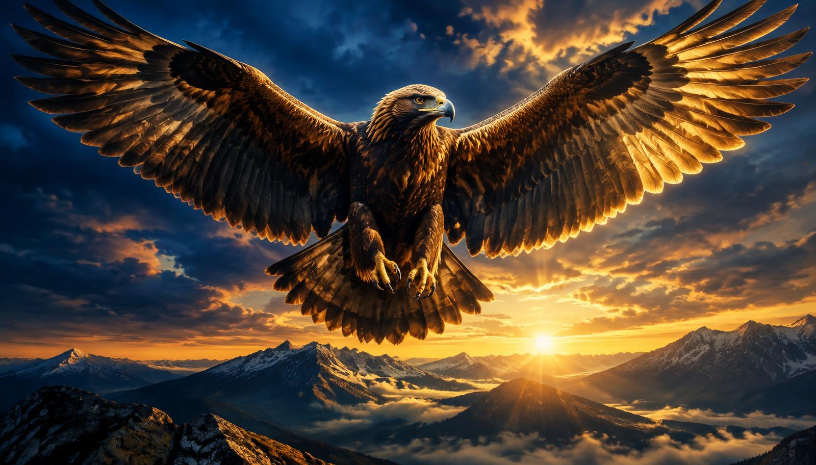 Águia dourada de asas abertas sobre montanhas ao amanhecer, sob um céu azul profundo