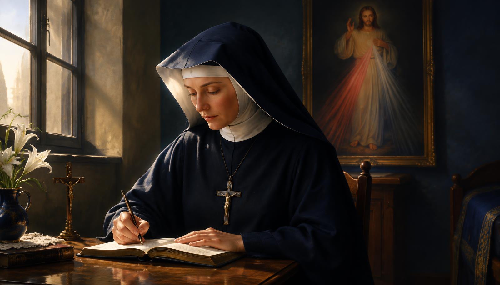Santa Faustina Kowalska em oração diante da imagem de Jesus Misericordioso