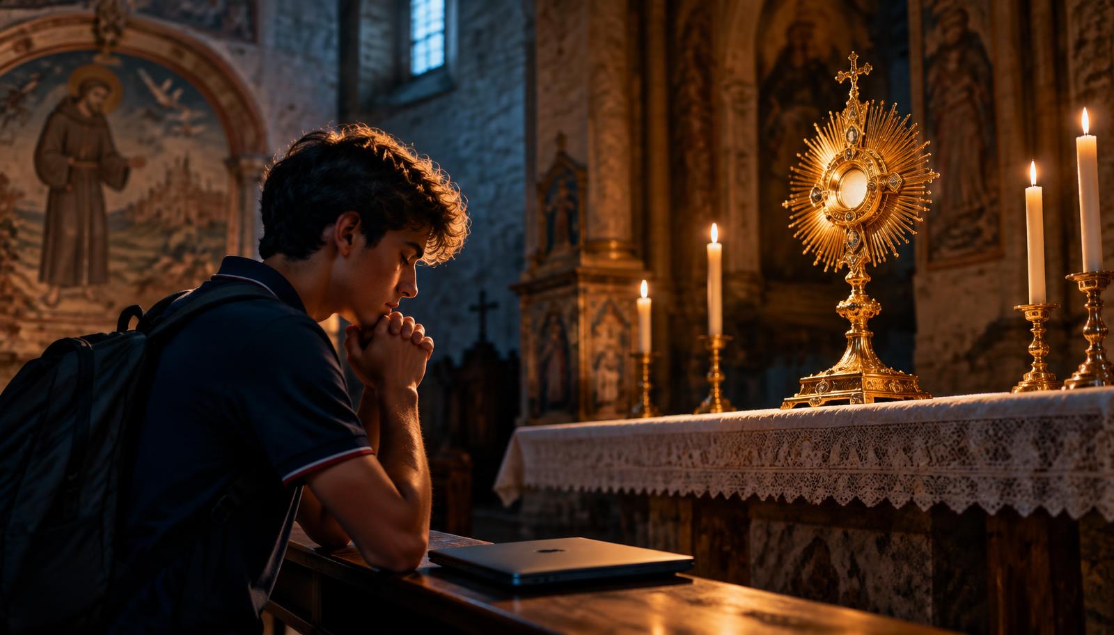 São Carlo Acutis sorridente, jovem canonizado pela Igreja Católica, com hóstia e imagem da Eucaristia ao fundo