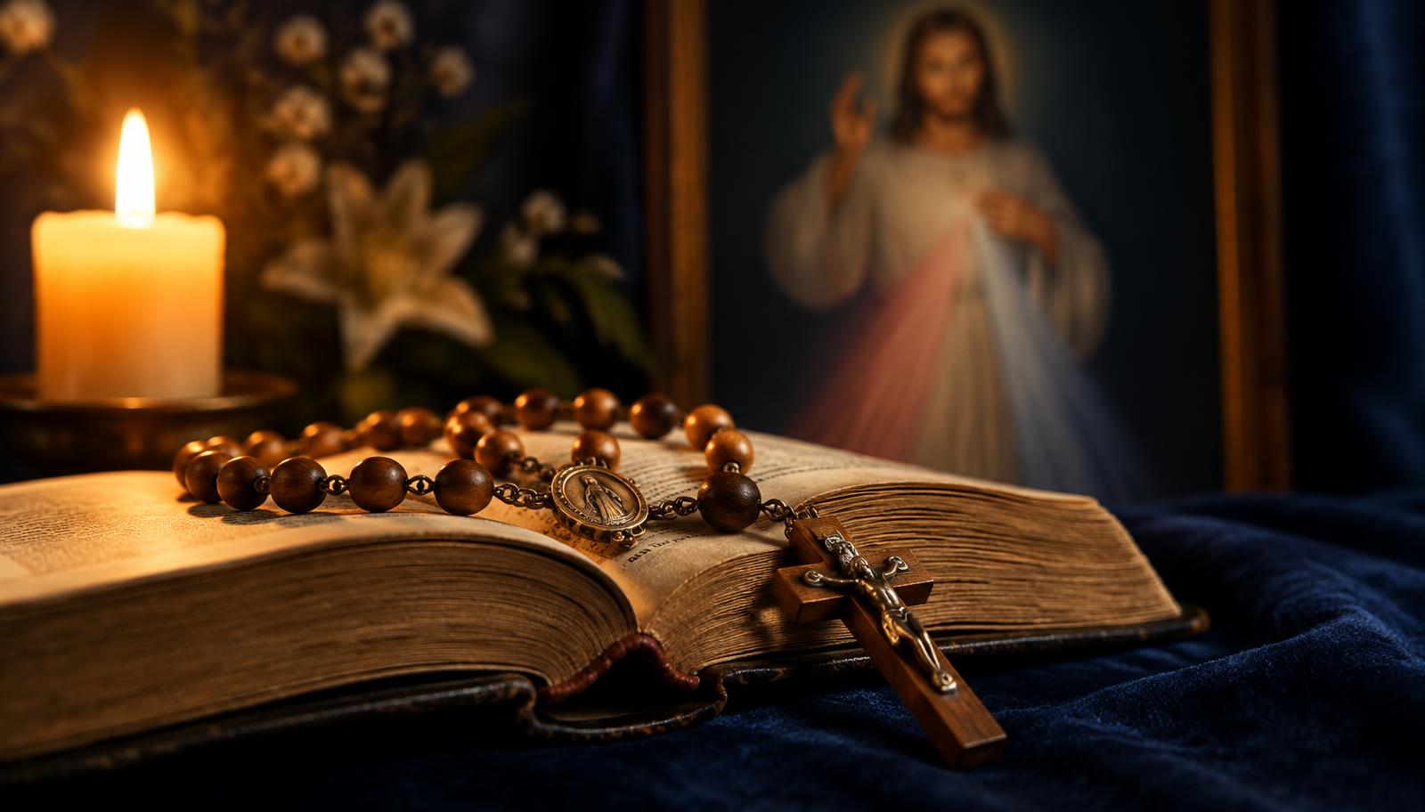 Terço de madeira sobre uma Bíblia aberta ao lado de uma vela, com a imagem de Jesus Misericordioso ao fundo