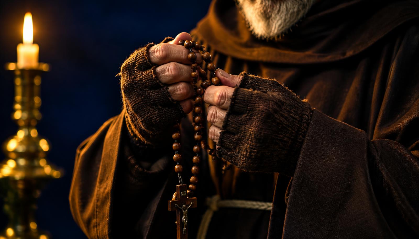 Terço entre as mãos, simbolizando a devoção mariana dos santos como Padre Pio